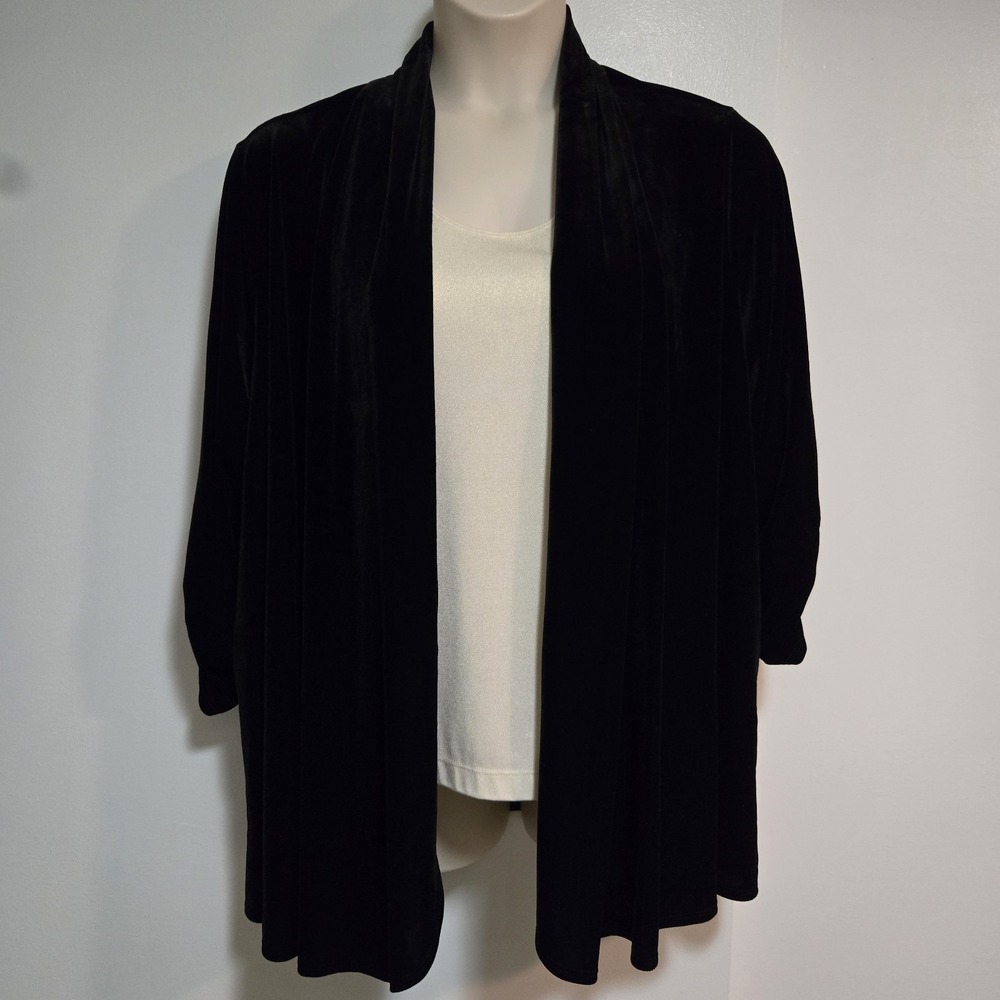 Susan Graver Size 3X Black Open Front Cardigan Stretch Velvet Ruched 3/4 Sleeve